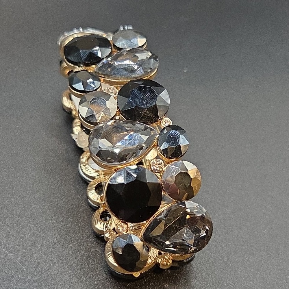 Chunky Crystal Stretch Bracelet Gold Tone Black Smoky Grey Statement New
